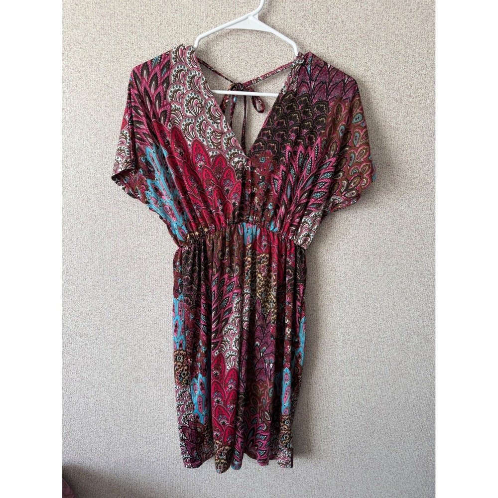 Raindrops by Papillon Pink Paisley V-Neck‎ Elastic Waist Tie-Back Mini Dress S